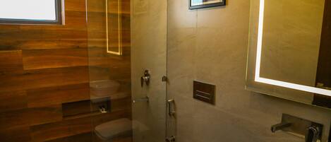 A modern bathroom with a glass shower enclosure, a toilet, and a sink.