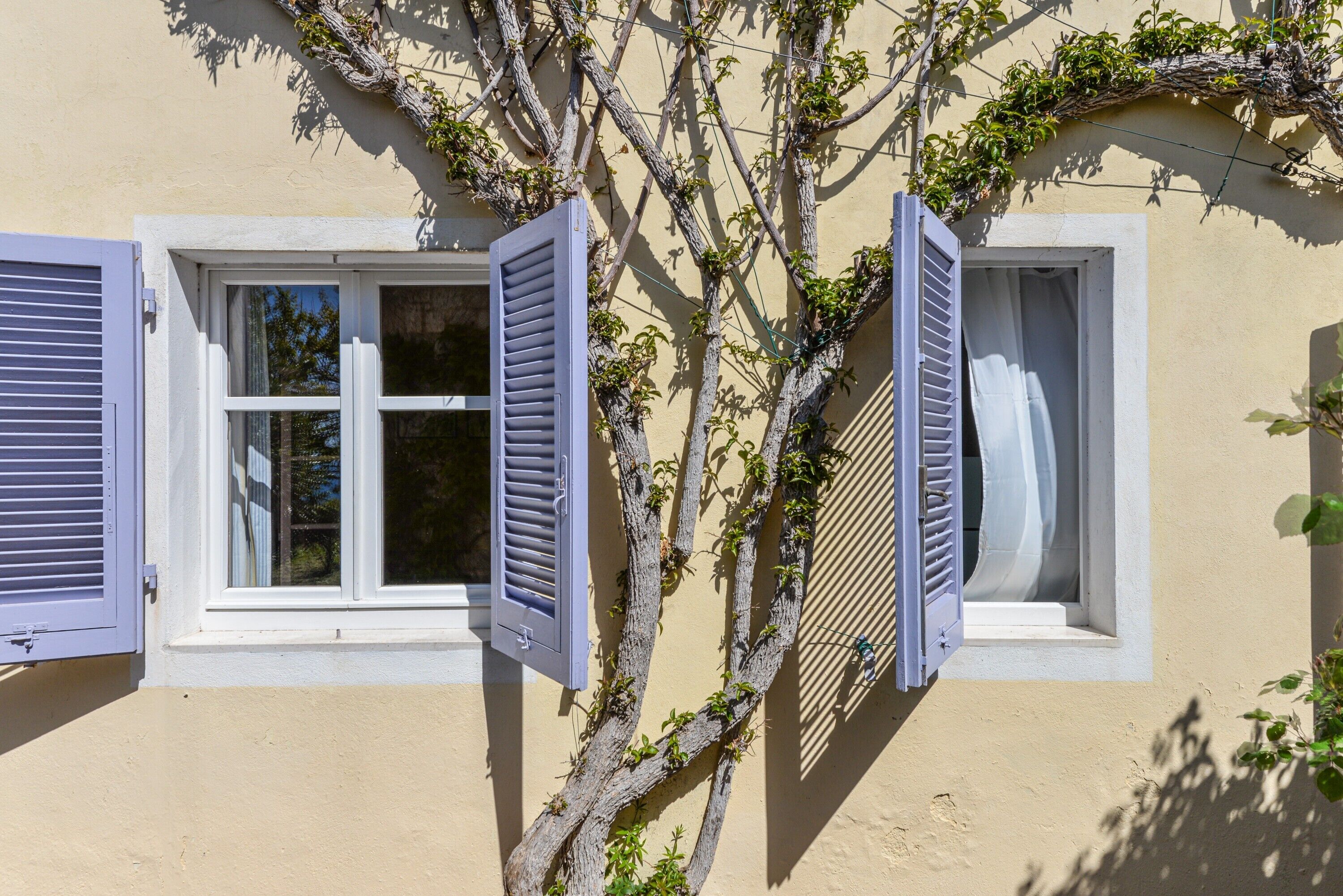 A building with two windows, one with shutters open and the other closed.