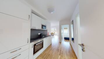 Bloc d'apartaments familiar, 1 llit de matrimoni gran i sofà llit, no fumadors, aire condicionat | Cuina privada | Frigorífic gran, microones, forn i placa de cuina