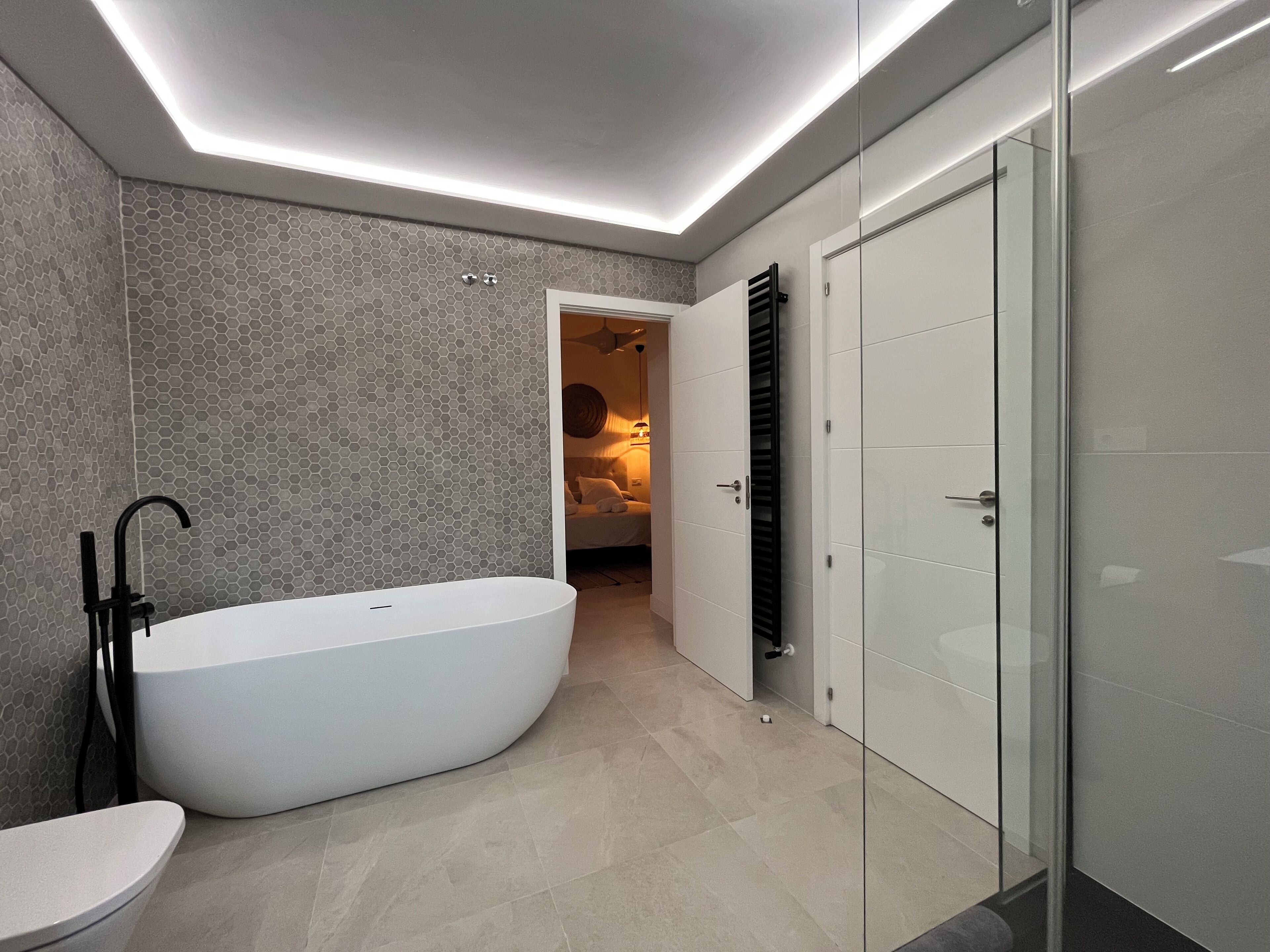 Shower, hair dryer, towels, toilet paper