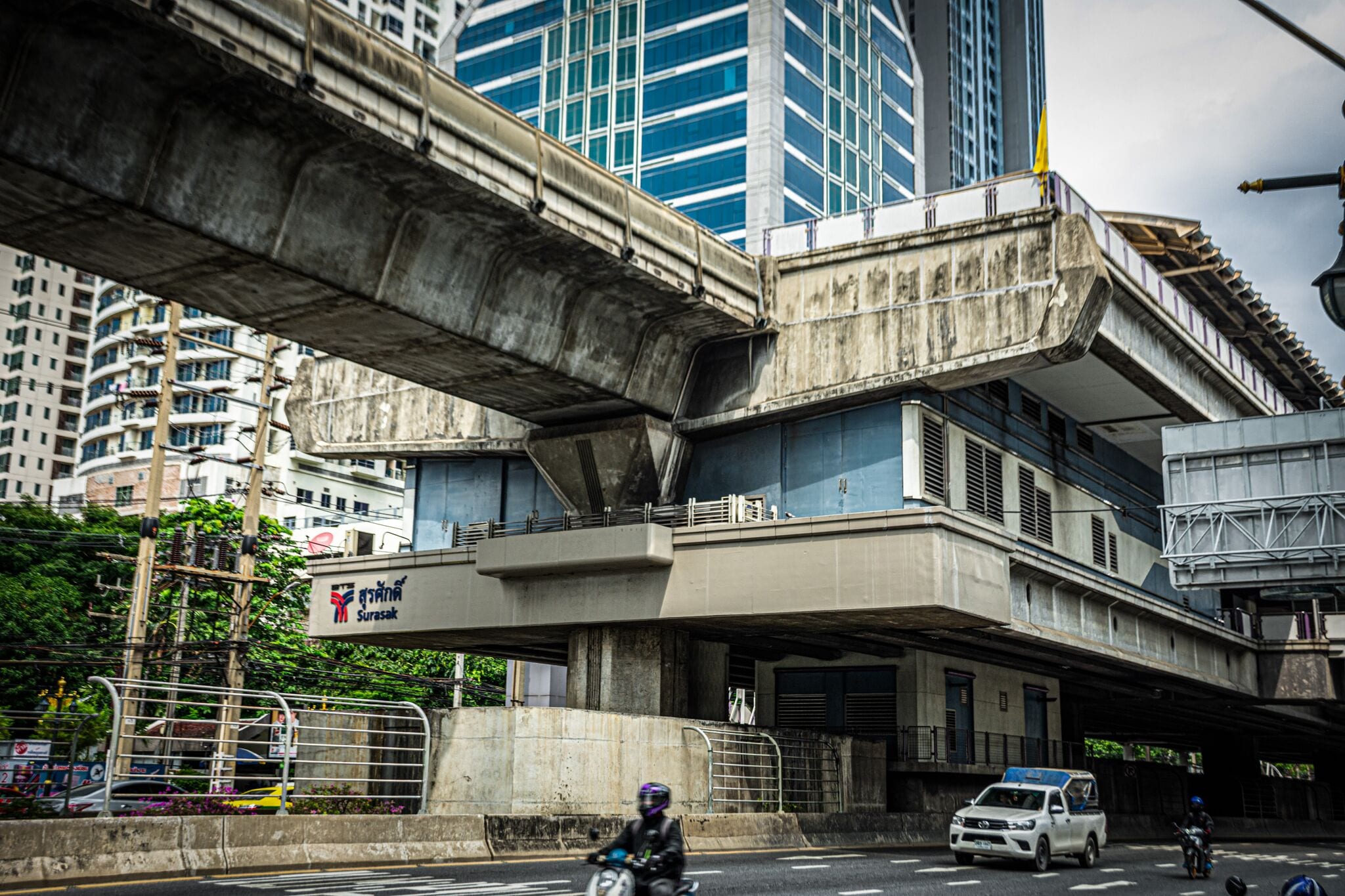 A multi-level urban structure with a prominent overpass.
