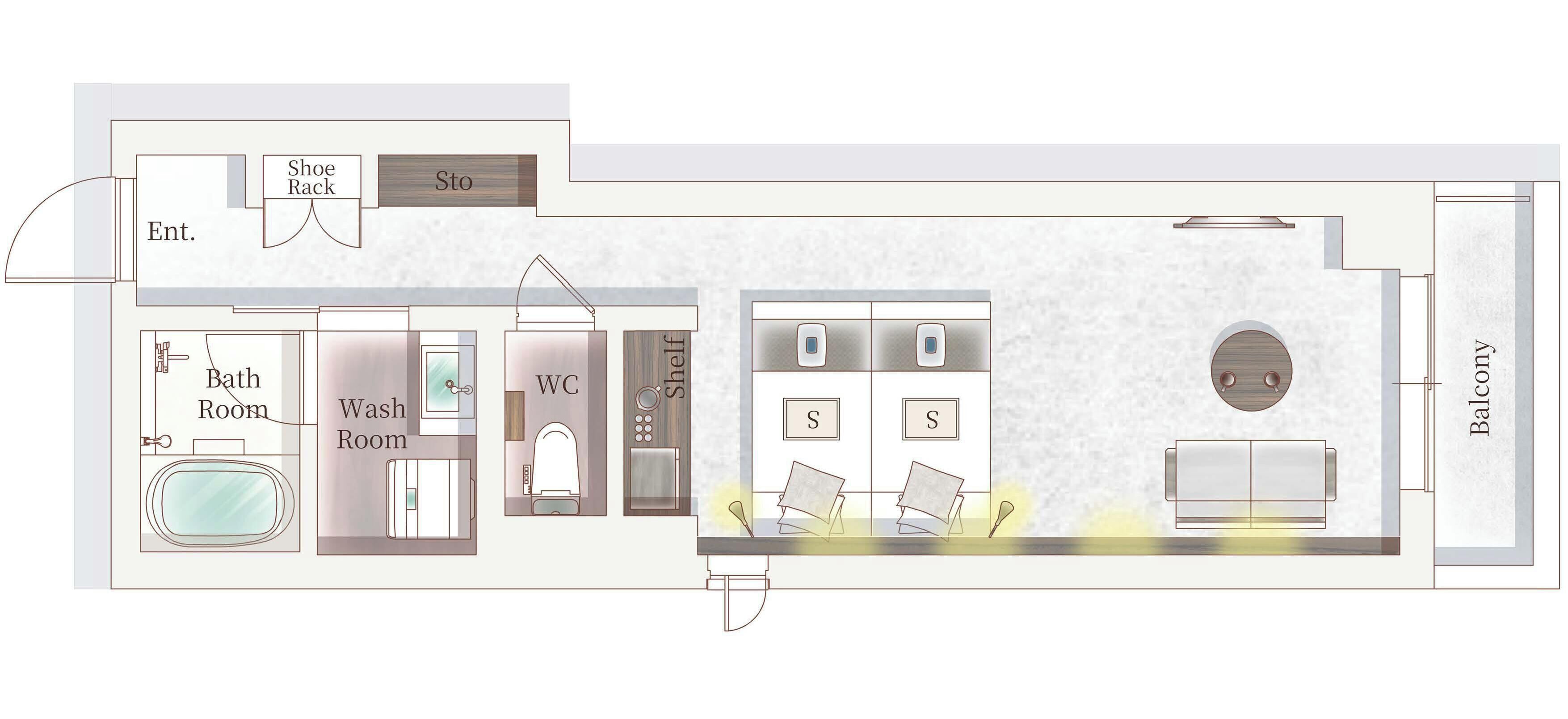 A floor plan of a hotel room with a bathroom, shower, toilet, and balcony.