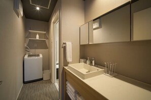 Une salle de bain moderne équipée d’un lave-linge intégré, d’un lavabo et d’un miroir.