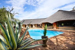 A pool surrounded by thatched-roof buildings, with a large agave plant in the foreground. - Sable Ranch Bush Lodge  (Brits)