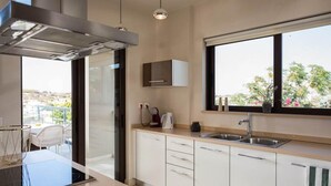 Eine moderne Küche mit einem großen Fenster, einem eingebauten Backofen und Blick ins Freie.