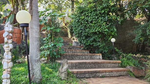Un jardin agrémenté d’un escalier en pierre, entouré d’une végétation luxuriante et d’un lampadaire décoratif.