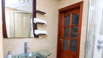 Regadera, secadora de cabello, bidet, toallas