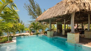 A pool area with a thatched roof structure, surrounded by palm trees and a view of the sea. - Exclusive Private Island With 360 Degree View of the Ocean (Placencia)