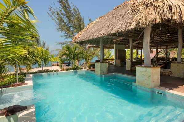A pool area with a thatched roof structure, surrounded by palm trees and a view of the sea.