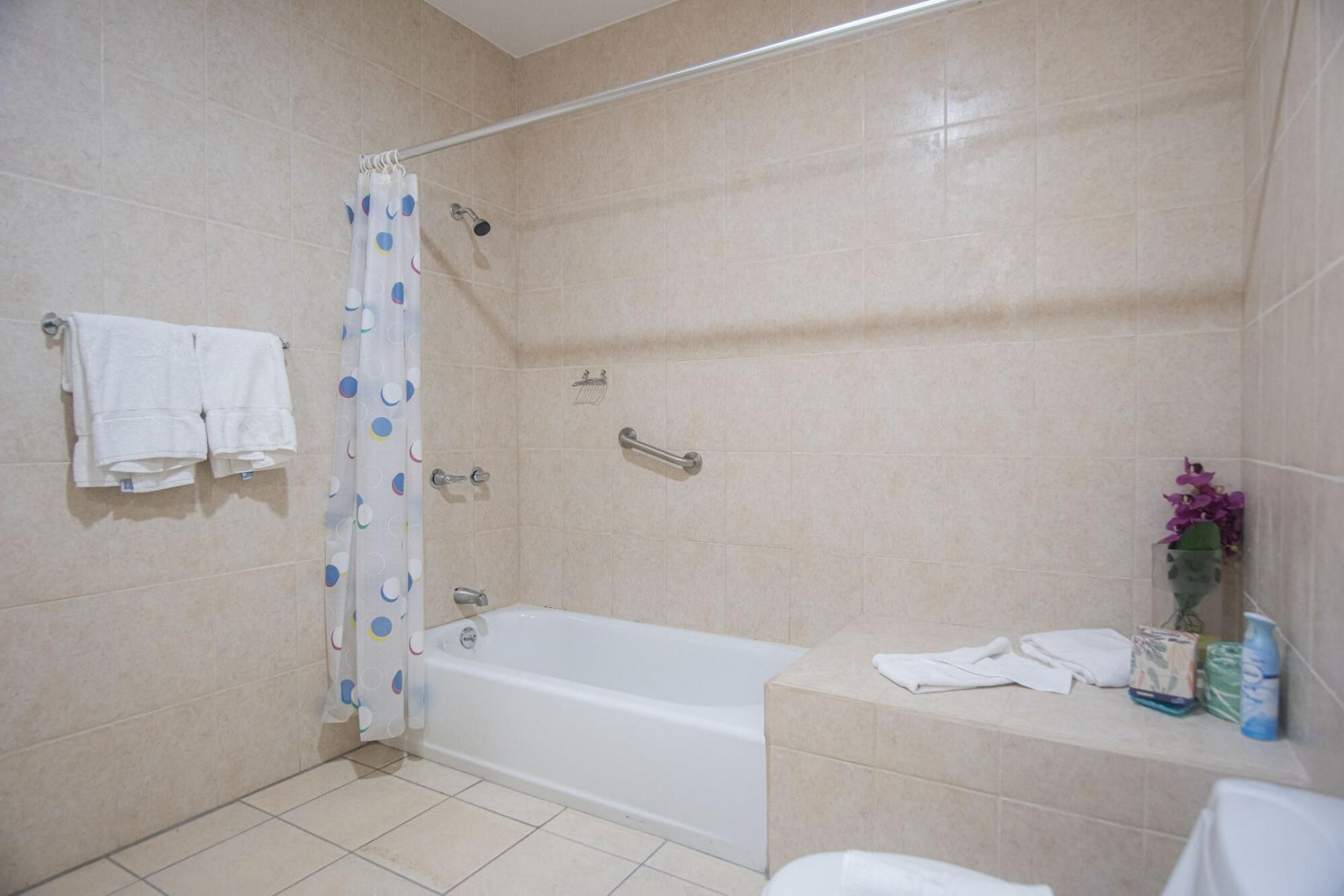 A bathroom with a bathtub, a shower, and a sink. There are towels and toiletries on the counter.