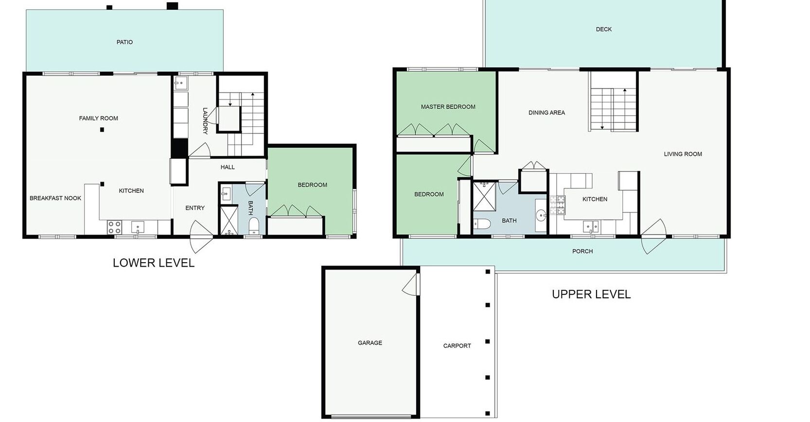 A two-story house layout with a patio, family room, kitchen, entry, bedrooms, master bedroom, dining area, living room, bathroom, porch, garage, and carport.