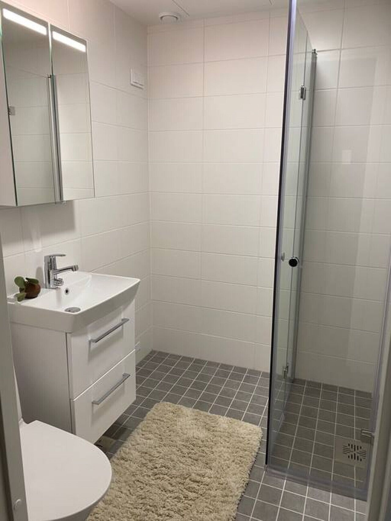 A bathroom with a white sink, mirror, and toilet. It has a glass shower enclosure and a beige rug on the floor.