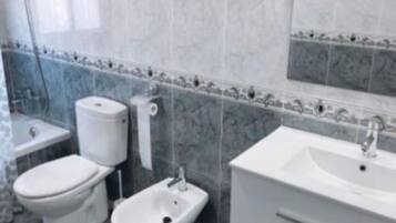 Een douche, een bidet, handdoeken