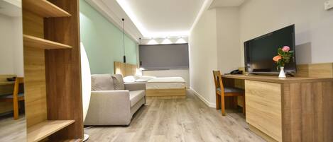 A compact room with a bed, a sofa, a desk, and a TV.