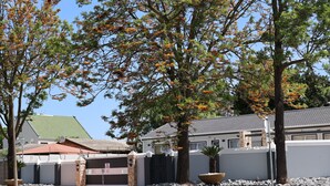 A residential area with a gated entrance, a driveway, and houses with grey roofs. - Elgibor Best Guest House  (Cape Town)