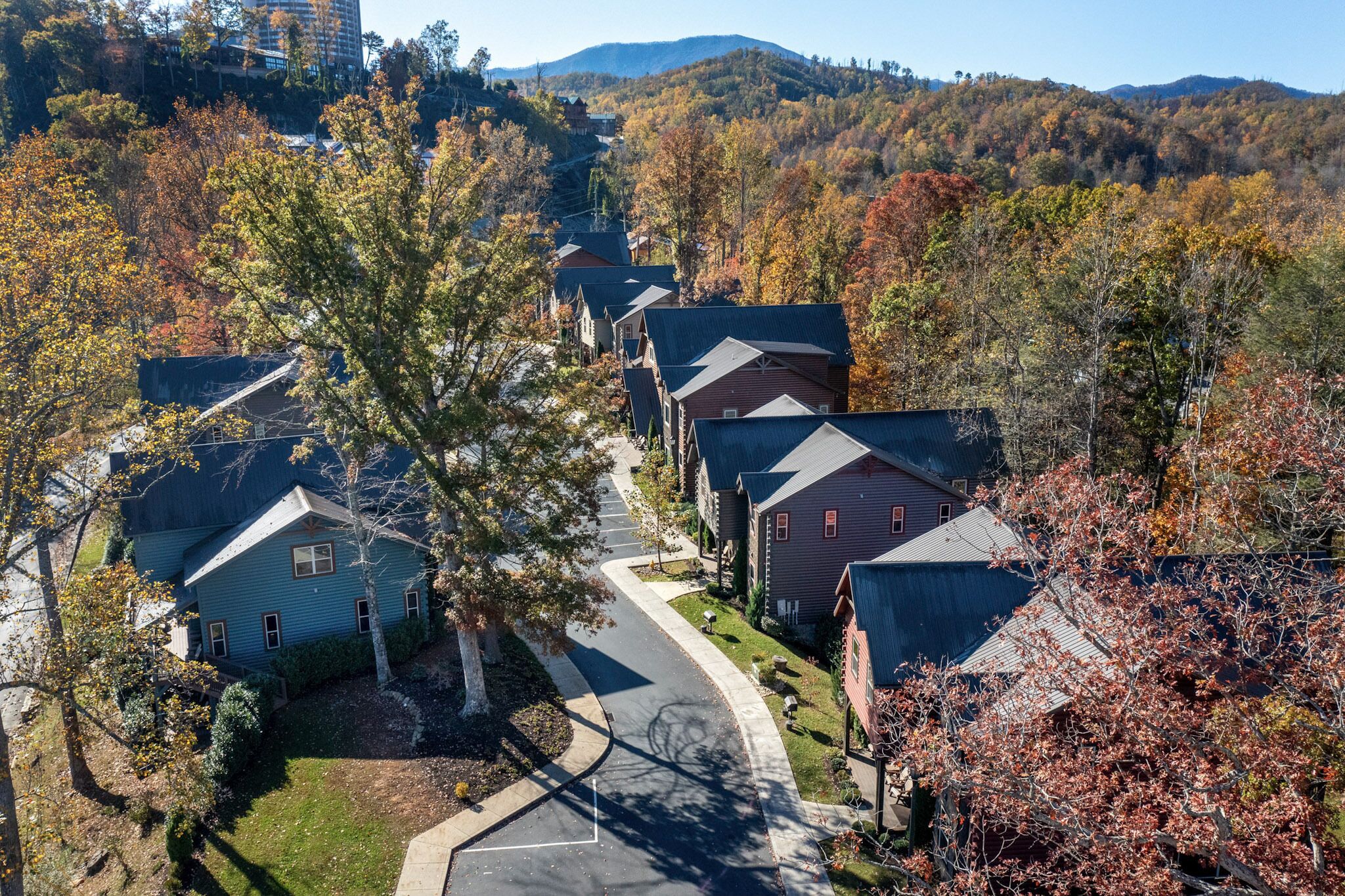 A residential area with houses, a curved driveway, and a forested hillside in the background.