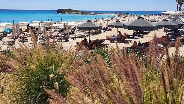 A beach with numerous sun loungers and umbrellas, a clear blue sky, and a distant island. - Narcissos Nissi Beach Apartment C3 (Ayia Napa)