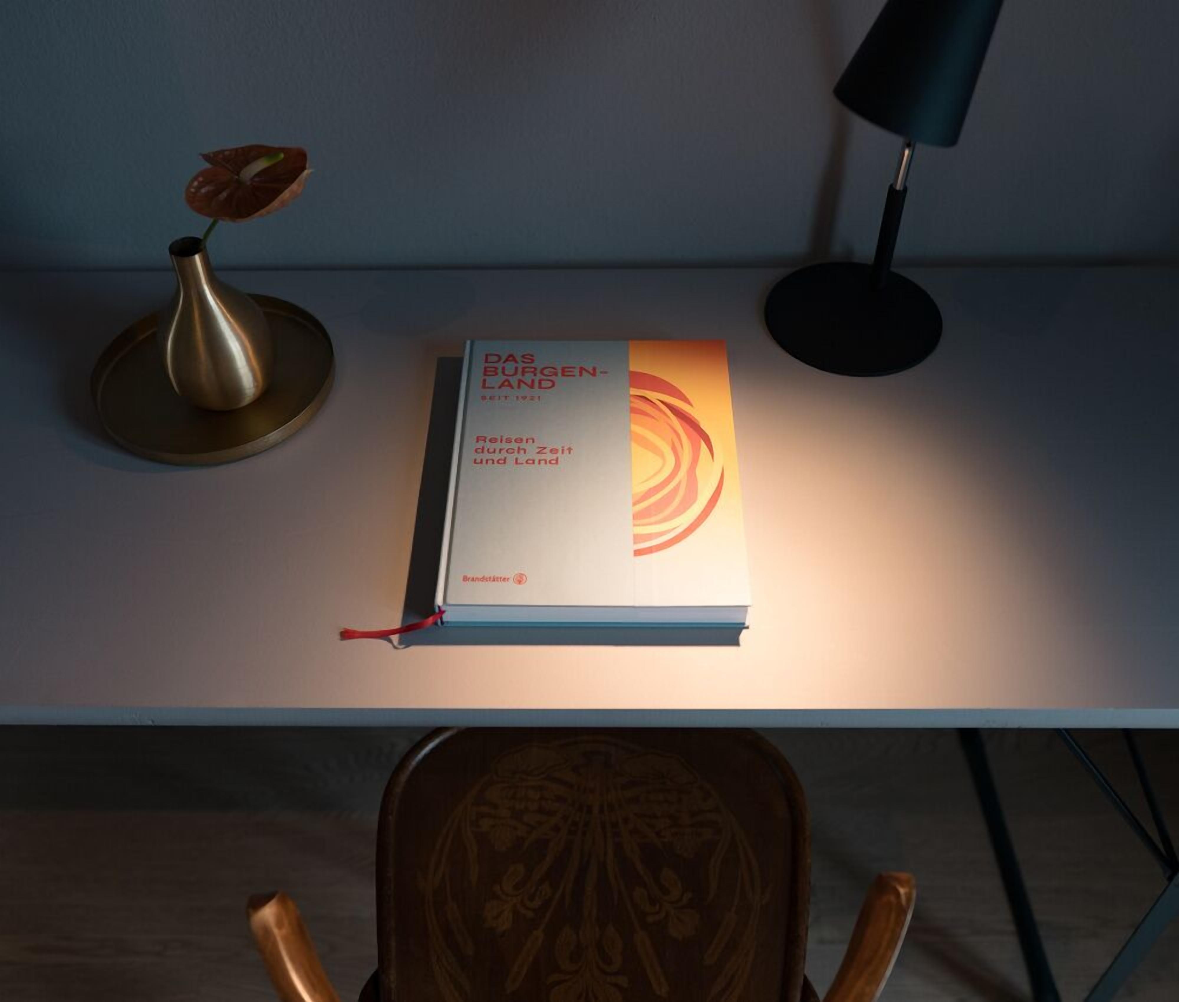 A book titled 'Das Burgenland' on a shelf, a lamp, and a chair.