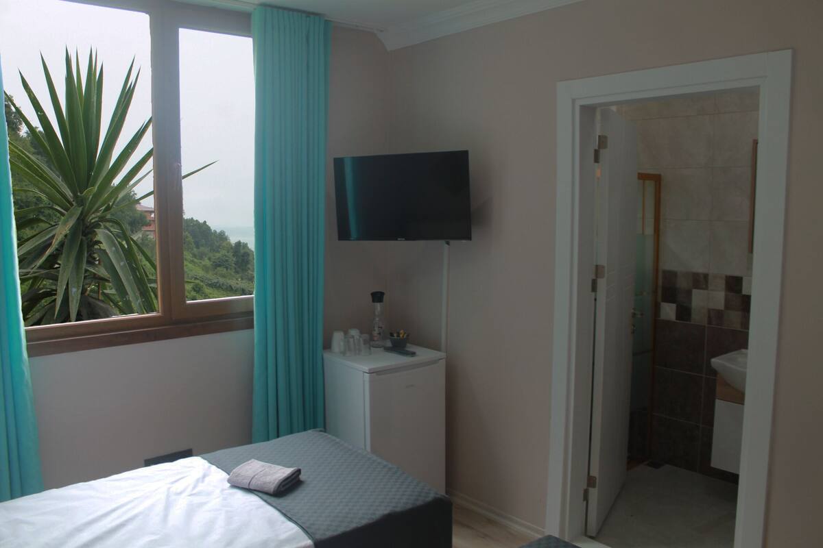 A bedroom with a bed, a TV mounted on the wall, a small bedside table, and a view of greenery outside.