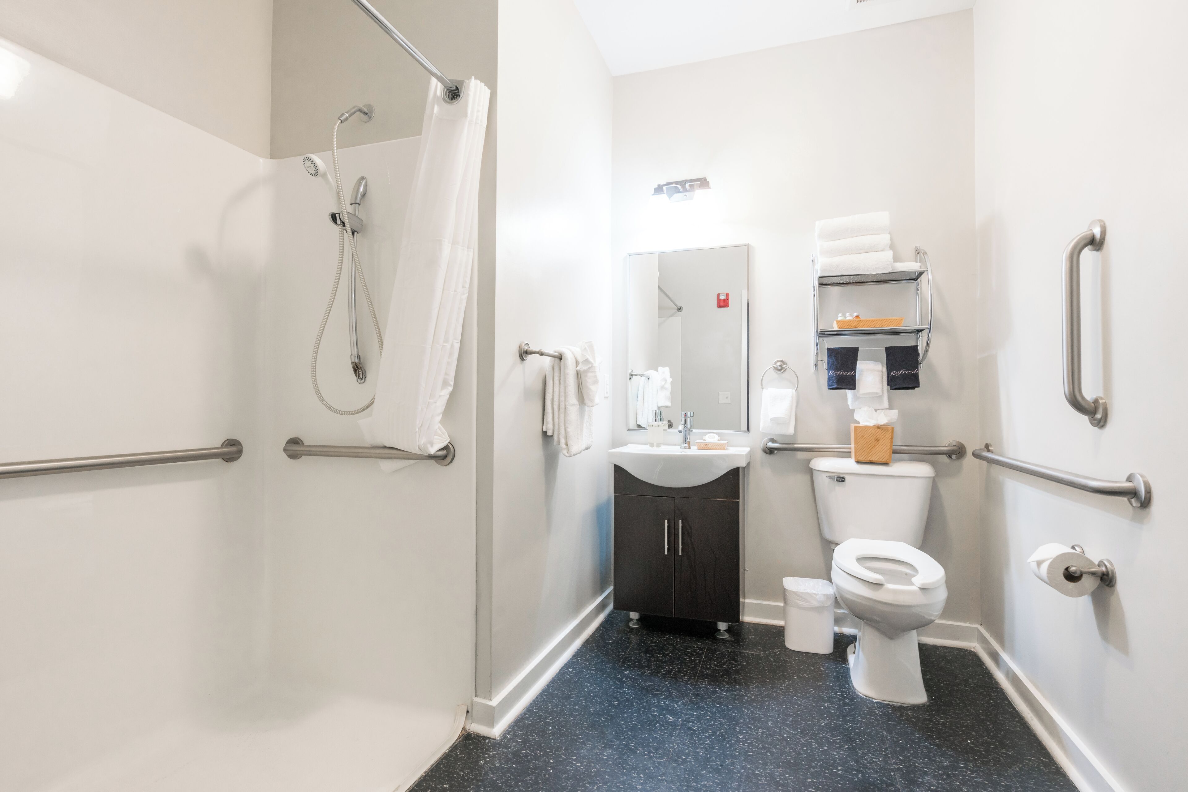 A modern bathroom with a shower, toilet, sink, and handrails.