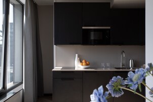 Full-sized fridge, microwave, stovetop, dishwasher