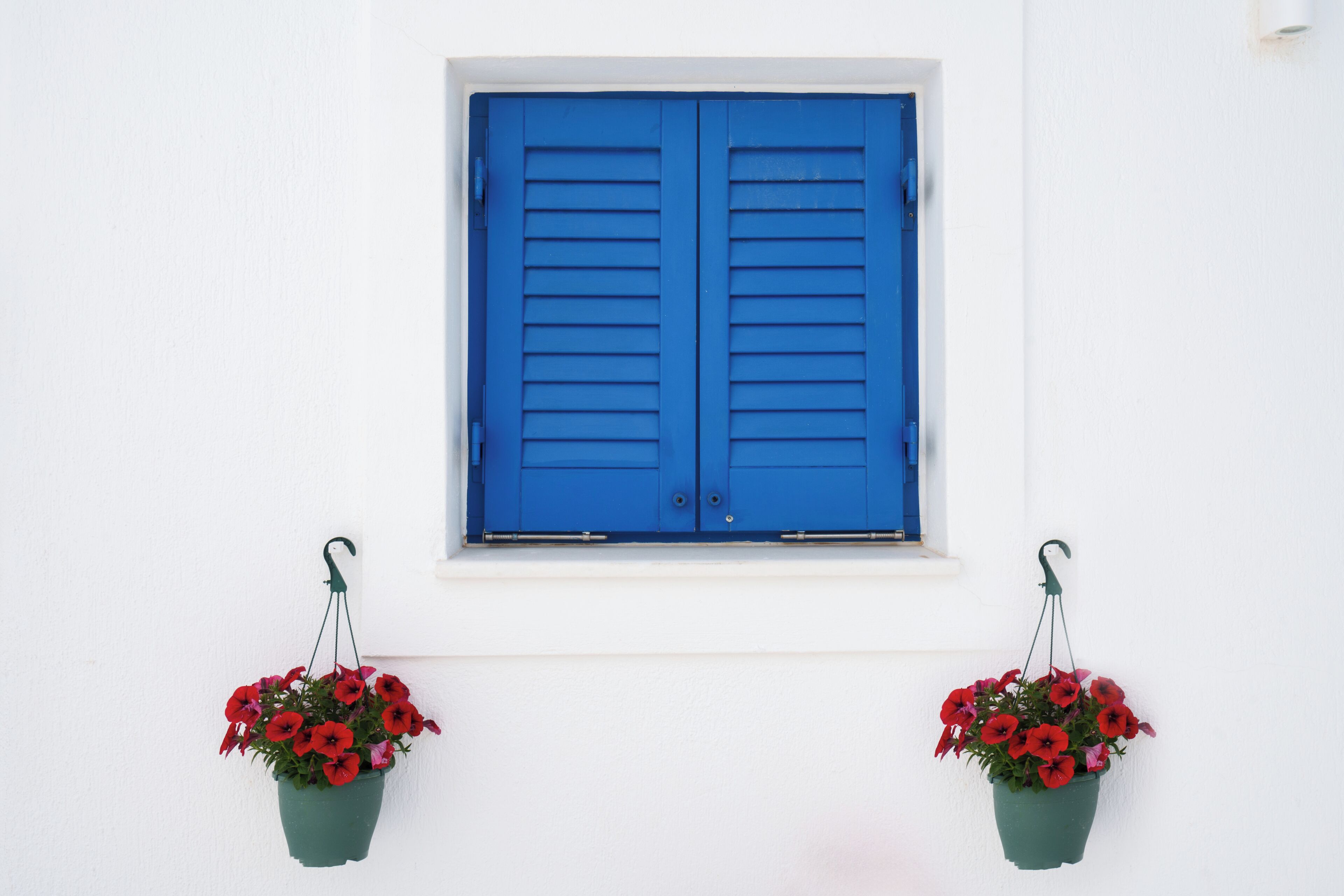 A window with blue shutters and two hanging flower pots with red flowers.