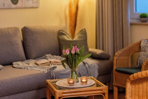 TV, books - Quiet vacation apartment for two close to the beach - Bed & Bike certified (Loddin)