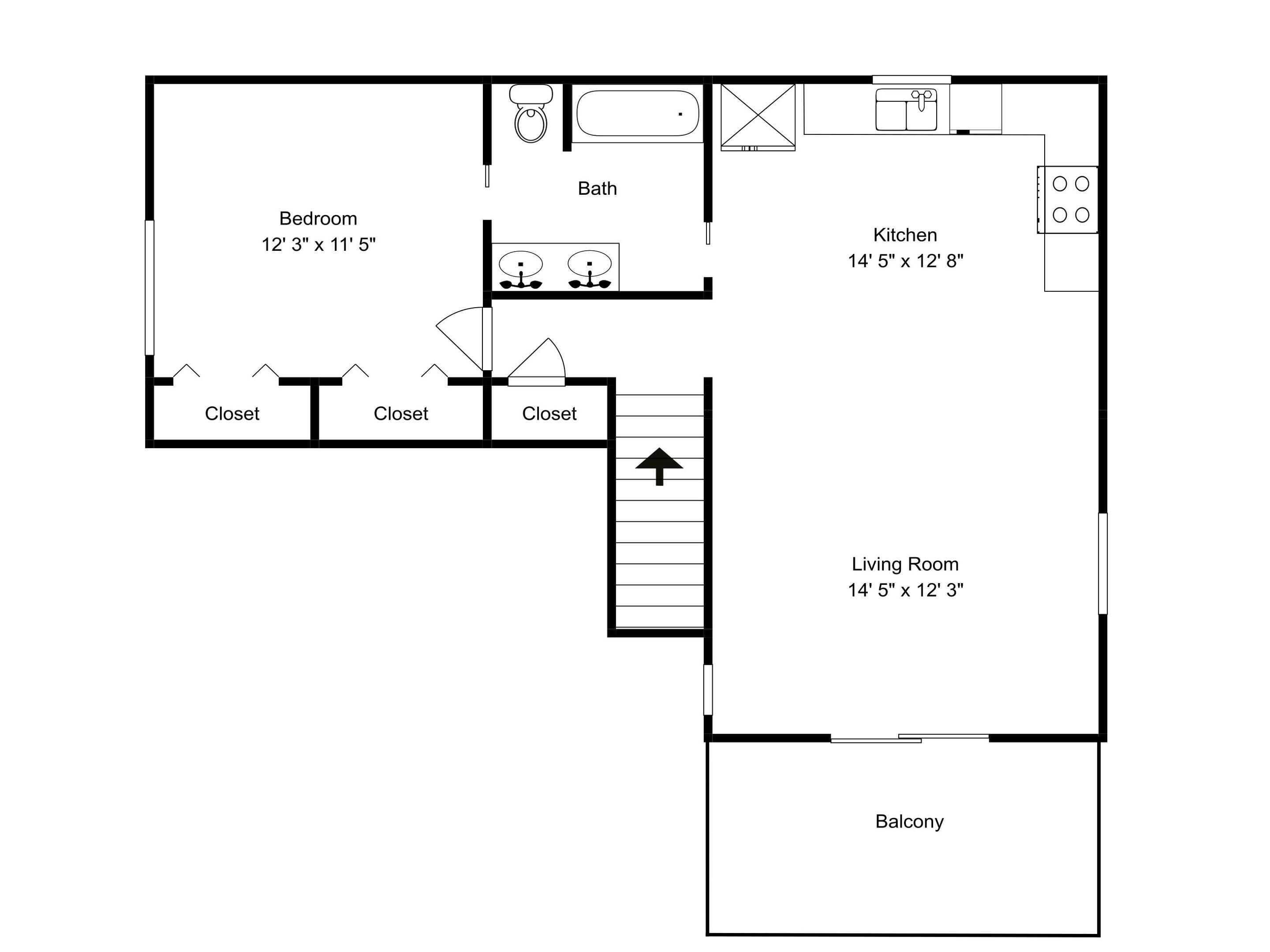Ein Grundriss mit einem Schlafzimmer (3,7 m x 3,5 m), einem Badezimmer, einer Küche (4,4 m x 3,9 m) und einem Wohnzimmer (4,4 m x 3,7 m) sowie einem Balkon.