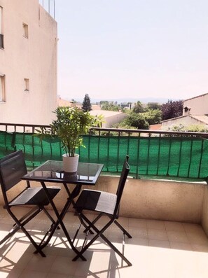 Un balcone con un tavolino in vetro e due sedie, una pianta in vaso e un recinto verde.