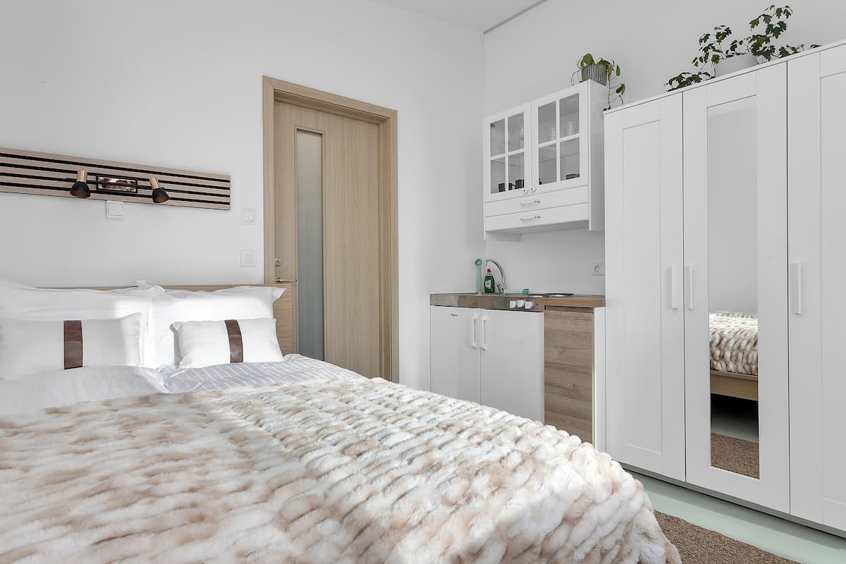 A bedroom with a bed, a wooden door, a white wardrobe, a small kitchenette, and a plant on top of the wardrobe.
