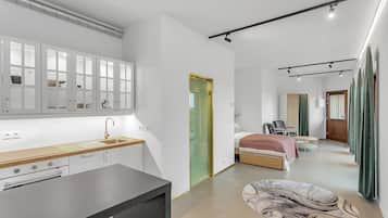 Deluxe-Apartment | Eigene Küche | Kühlschrank, Herdplatte, Wasserkocher, Reinigungsartikel