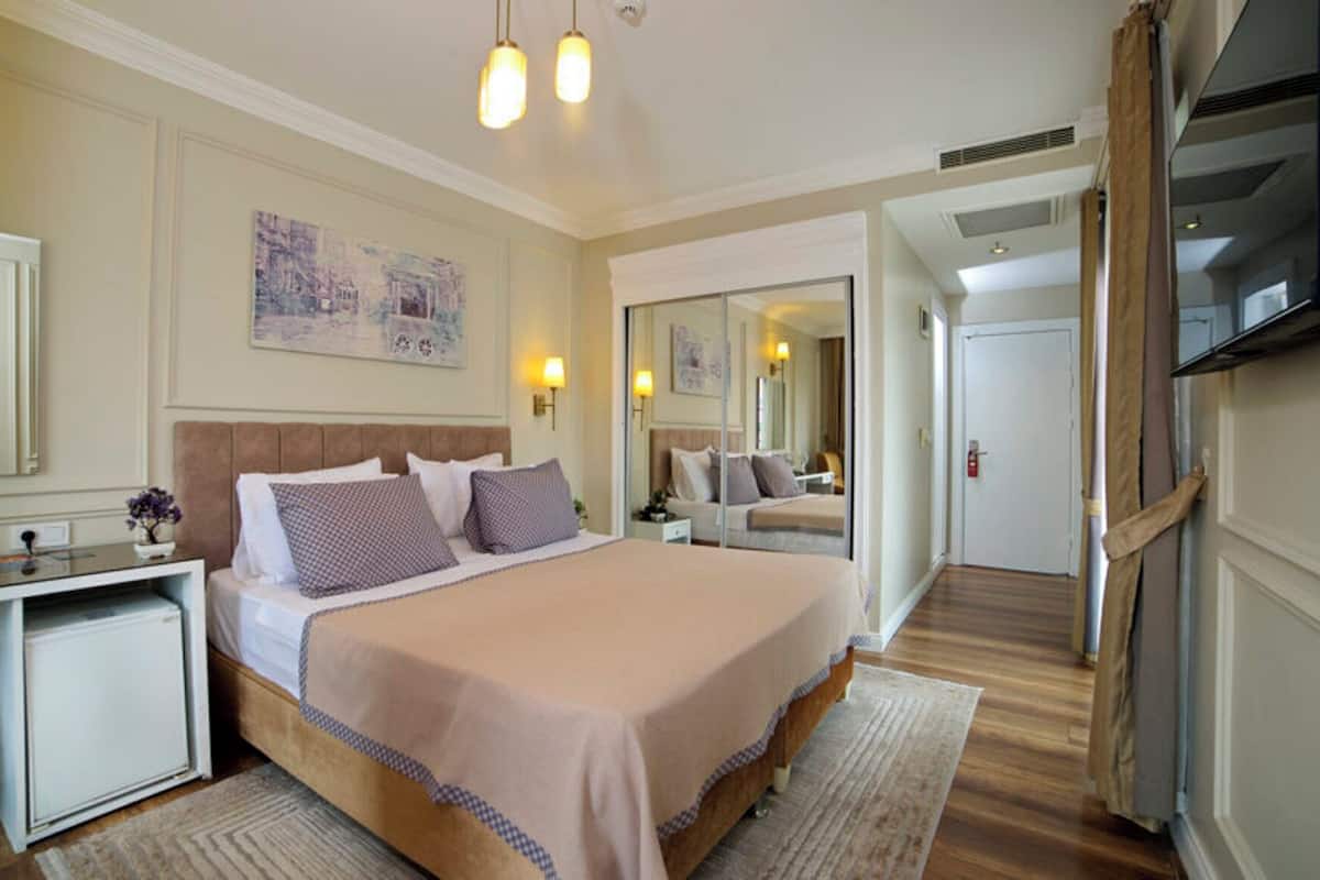 Une chambre d’hôtel avec un lit, une table de chevet, un miroir et une vue sur le couloir.