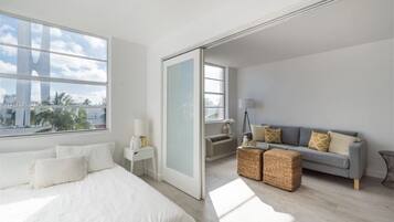 1 chambre, bureau, fer et planche à repasser, lit parapluie