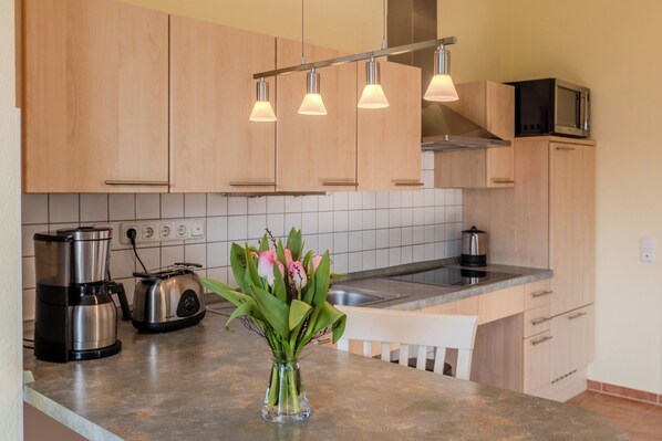 Réfrigérateur, micro-ondes, plaque de cuisson, cafetière/bouilloire