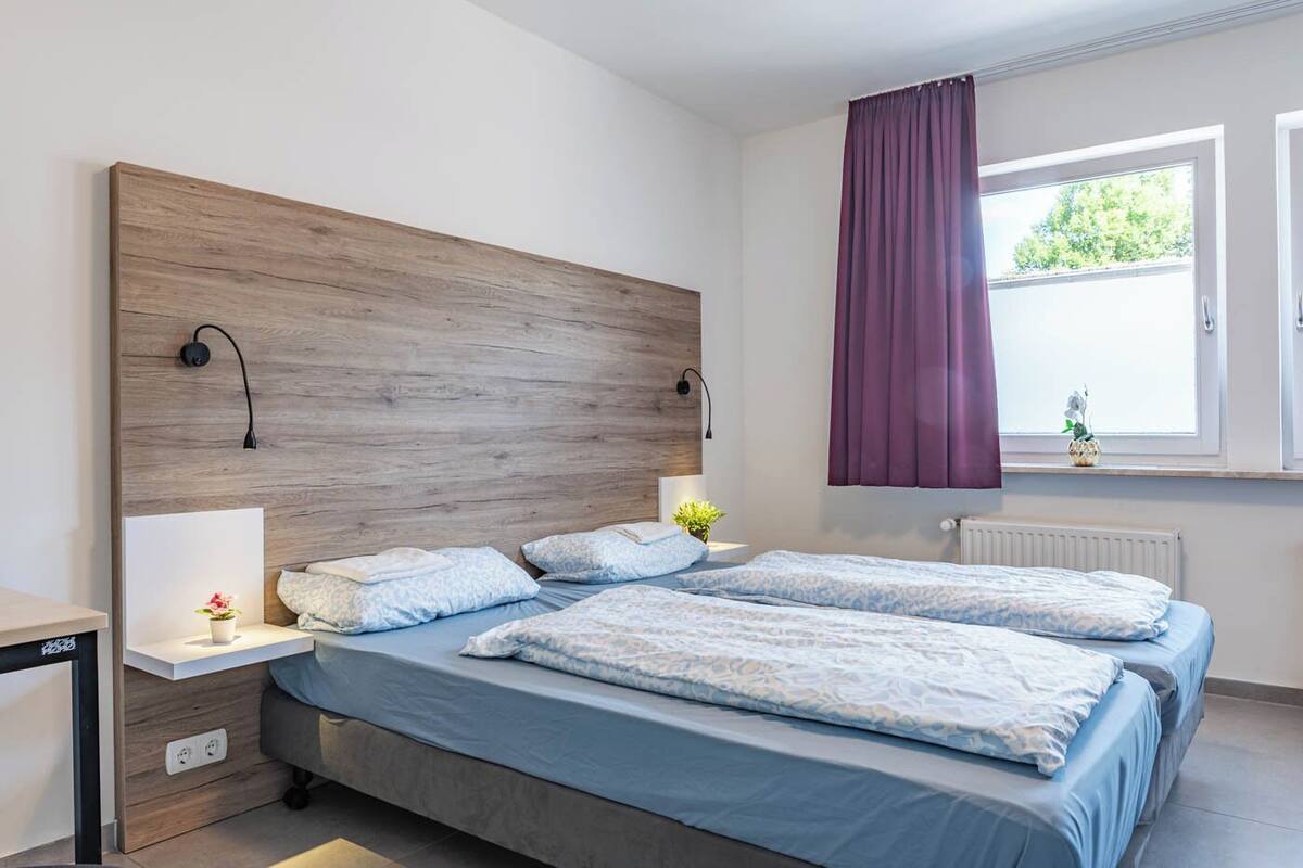 A modern bedroom with a wooden headboard, two beds with matching bedding, bedside lamps, a window with purple curtains, and a small plant on the windowsill.