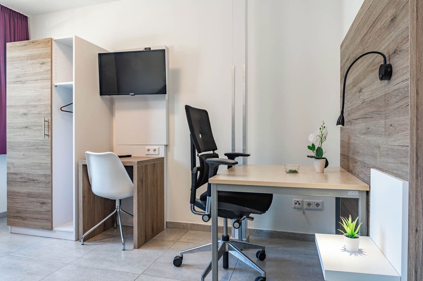 A modern office space with a desk, two chairs, a television, and a small plant.