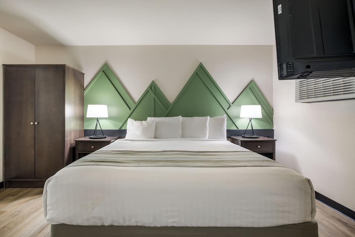 Een keurig opgemaakt bed met witte lakens, twee nachtkastjes met lampen, een kledingkast en een groene accentmuur.