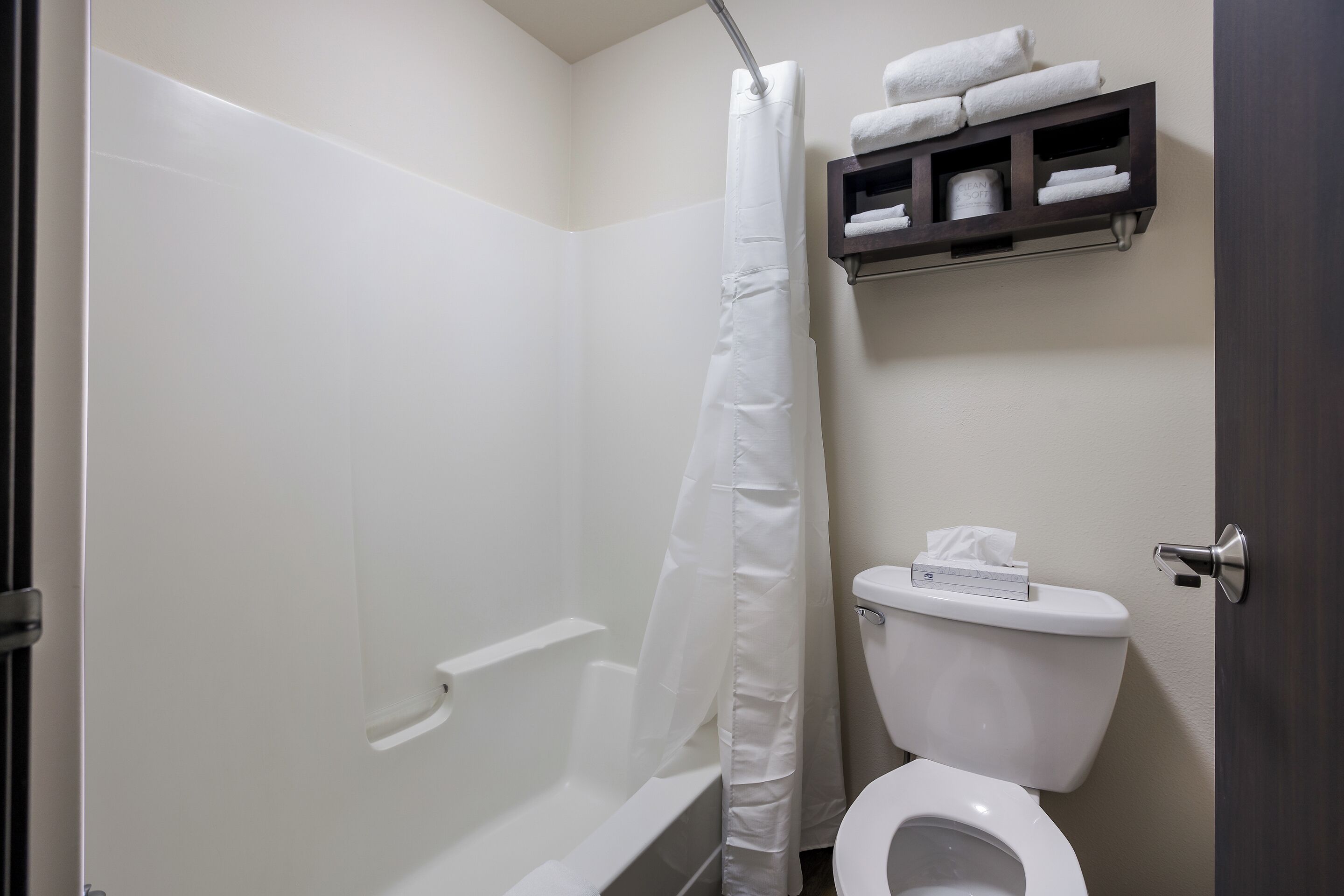 A bathroom with a shower, toilet, and towel rack.