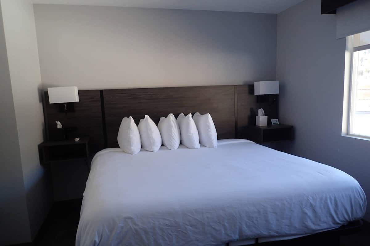 A hotel room with a large bed, white bedding, two bedside tables with lamps, and a window providing natural light.