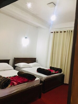 Une chambre d’hôtel avec deux lits, une moquette rouge, un lustre au plafond et une fenêtre avec des rideaux.