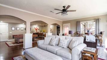 TV, fireplace, books
