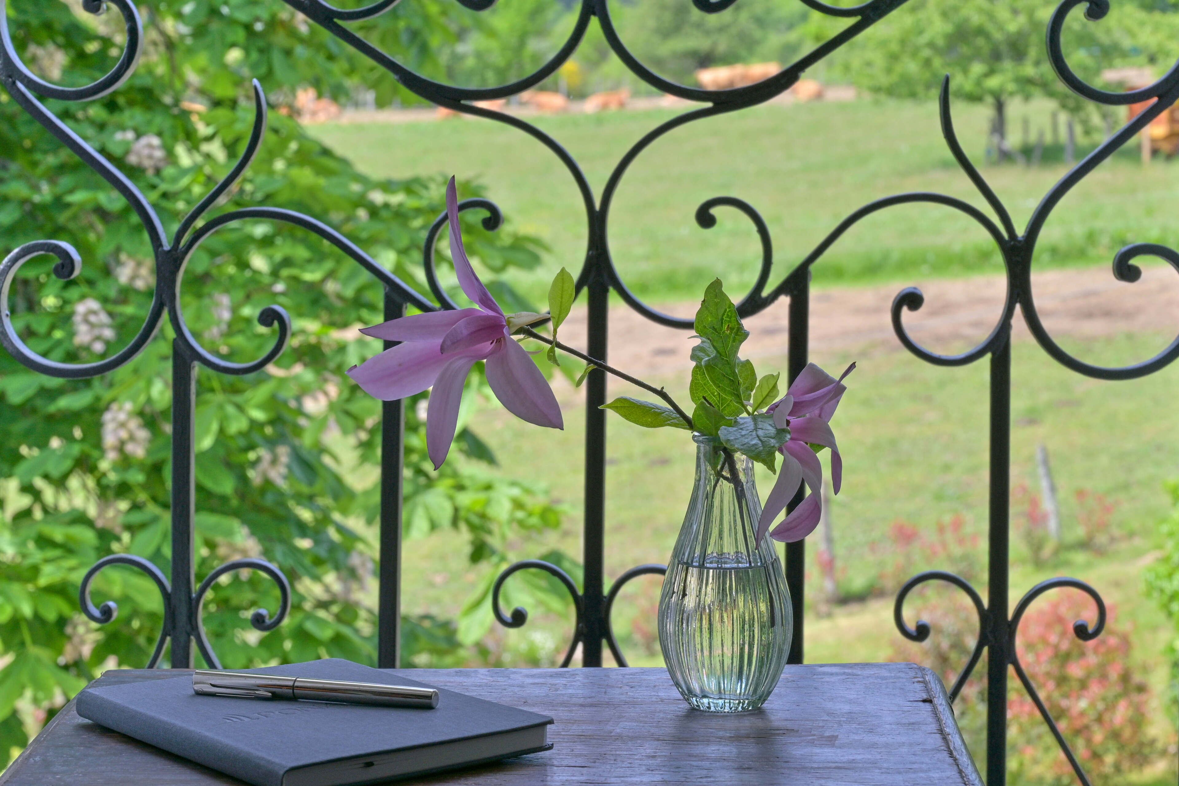 Visão clara de um jardim com cerca de metal, uma mesa com um caderno e caneta, e um vaso com flores.