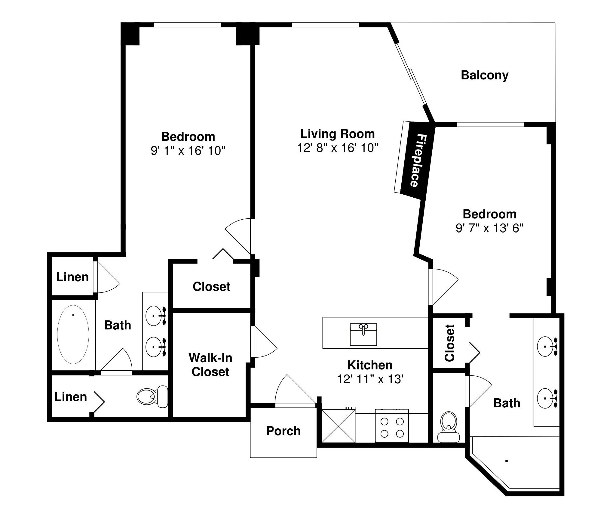 A floor plan of a house with a bedroom, living room, balcony, kitchen, bathroom, and porch.