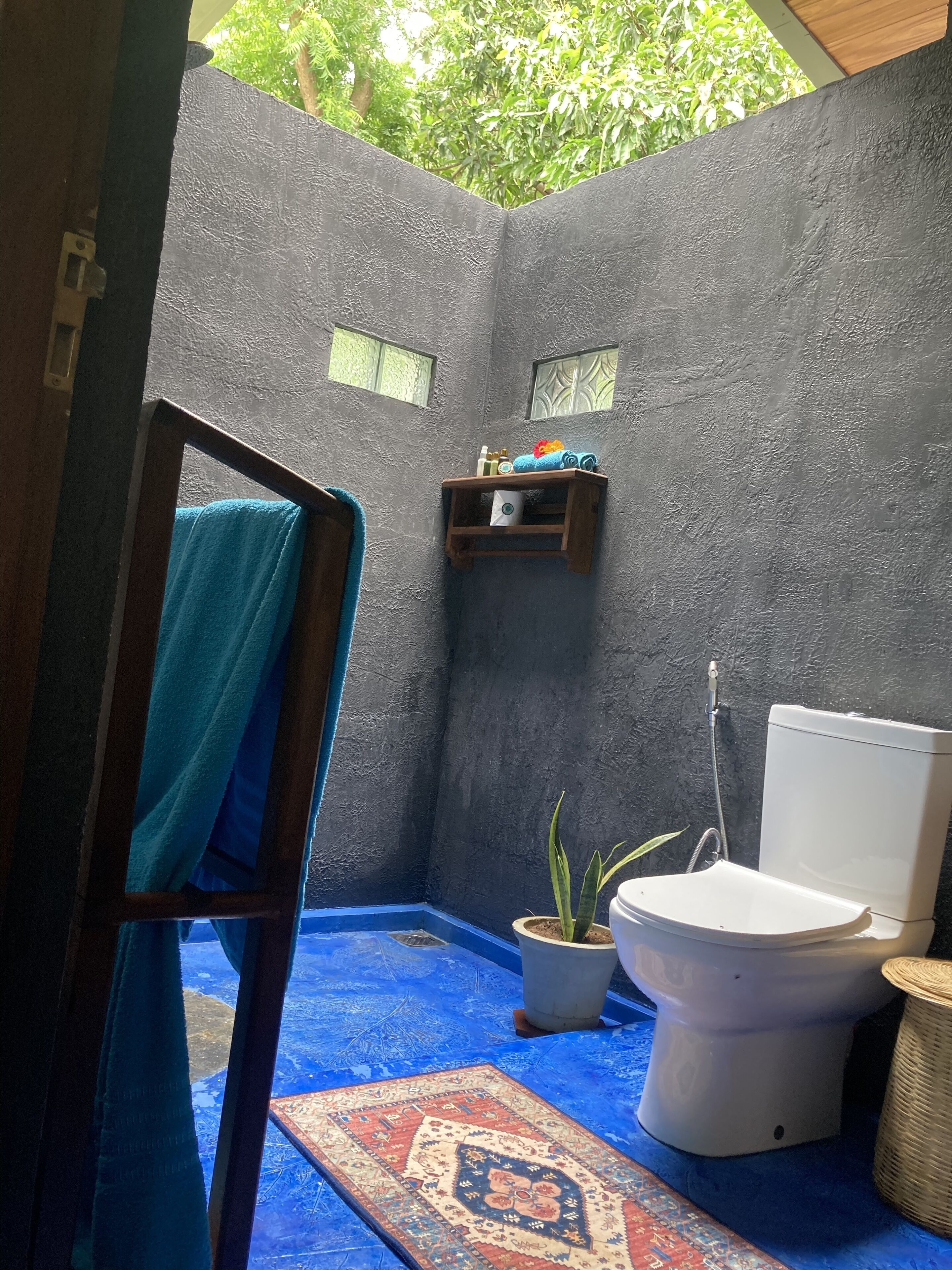 A compact bathroom with a blue floor, a white toilet, a small shelf with toiletries, and a potted plant.