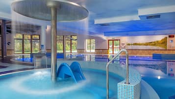 2 indoor pools, seasonal outdoor pool, pool umbrellas, pool loungers