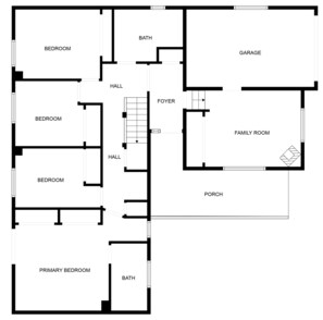 En planritning som visar ett huvudsovrum, två mindre sovrum, ett badrum, en entréhall, ett garage, ett familjerum, en hall, en veranda och en entré.
