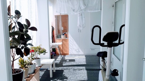 Une pièce comprenant un tapis de course, une petite table, des plantes en pot et une armoire.