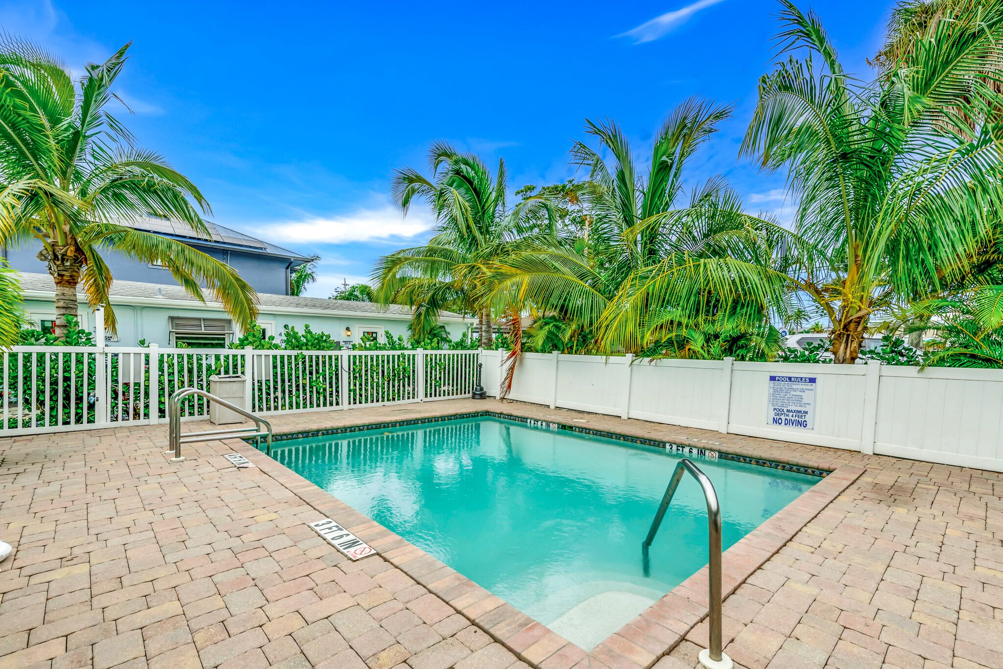 حمّام سباحة خارجي، مظلات على حمّام السباحة، مقاعد للتشمس