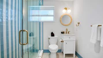 A modern bathroom with a glass shower enclosure, a toilet, a sink, and a mirror.