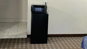 A hotel room with a microwave on a small black stand, a framed abstract art piece on the wall, and a patterned floor. - New Budget inn (Eaton)